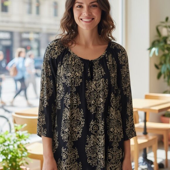 Lucky Brand Black and Cream Patterned Tunic Top 1x - Picture 3 of 13